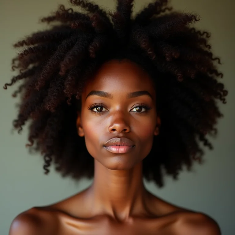Mulher negra com cabelo crespo tipo 4C, mostrando o volume e a definição com contorno.