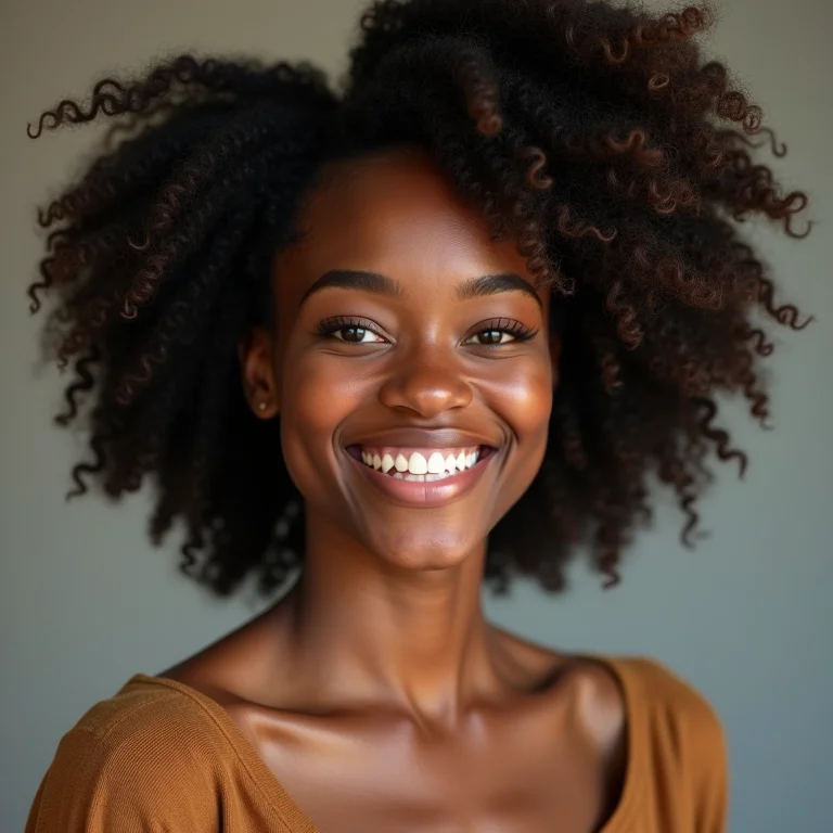 Mulher negra com cabelo crespo tipo 4C sorrindo