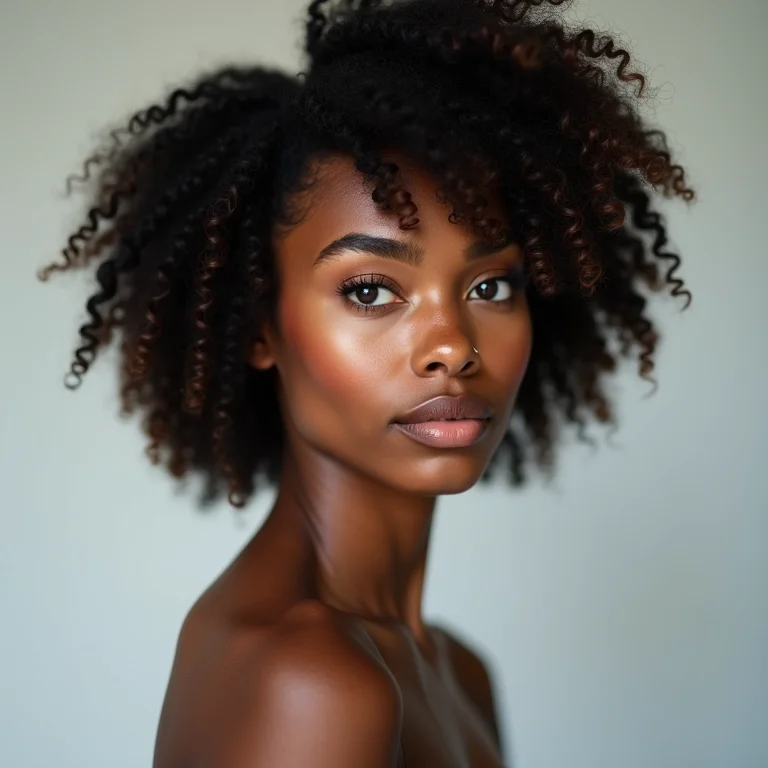 Mulher negra com cabelo curto cacheado e tonalidade fria