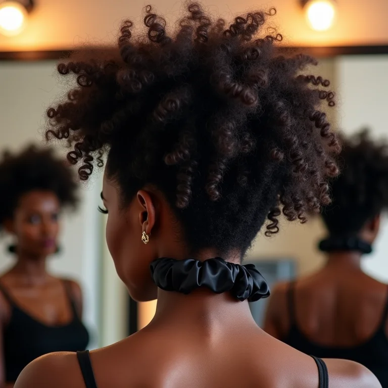 Mulher negra de costas com cabelo cacheado e scrunchie de cetim