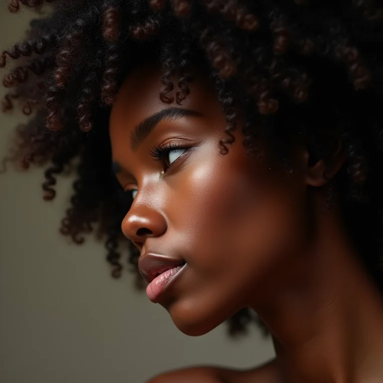 Mulher negra de perfil com cabelo crespo hidratado