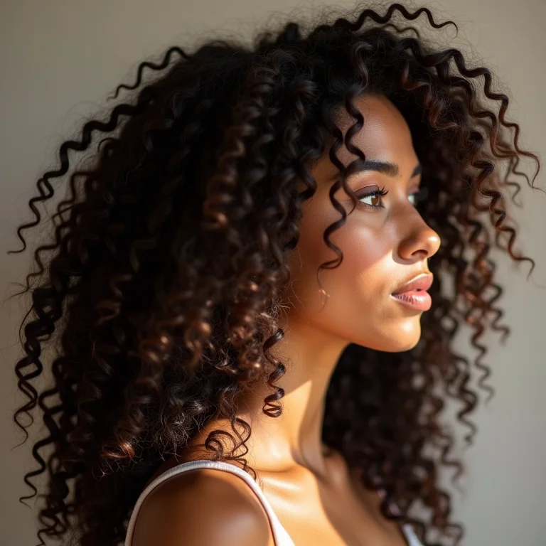 Mulher negra de perfil exibindo cabelo cacheado castanho natural saudável e brilhante.