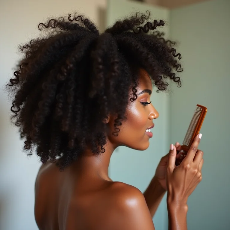 Mulher negra desembaraçando seus cachos no banheiro.