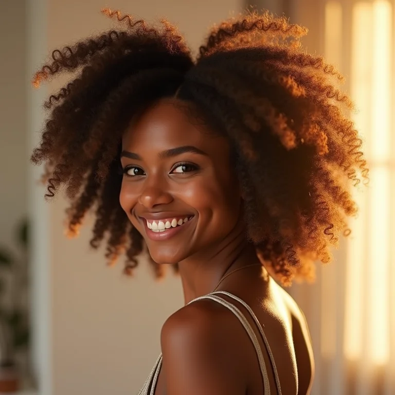 Mulher negra exibindo seus cabelos crespos tipo 4C com brilho e definição.