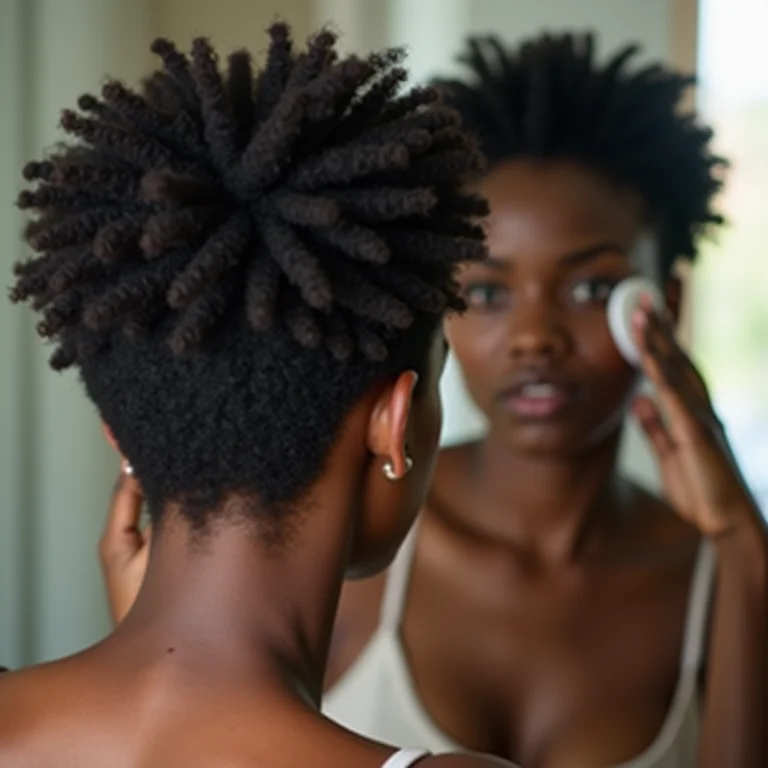 Mulher negra finalizando o cabelo com lenço anti-frizz