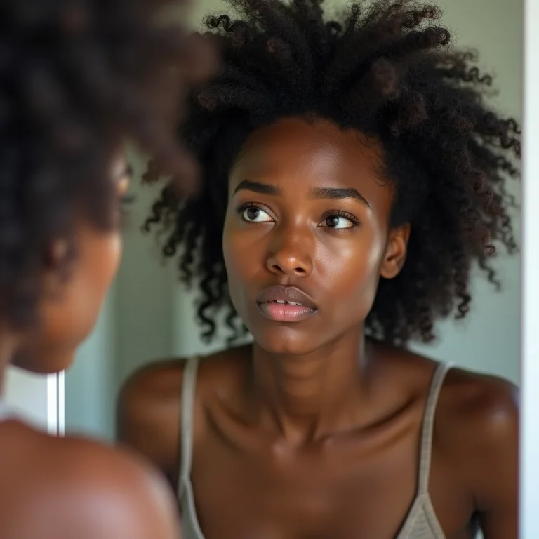 Mulher negra preocupada com a queda de cabelo
