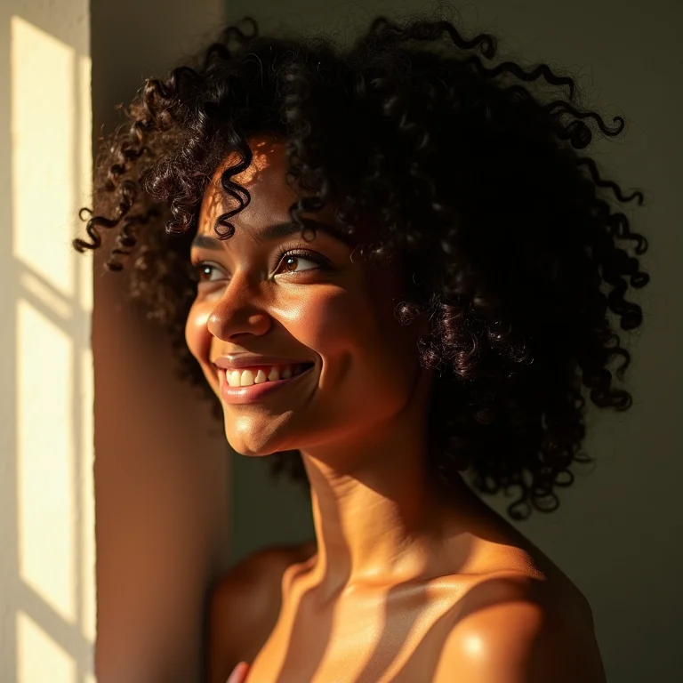 Mulher negra sorrindo com cabelo cacheado após hidratação com mel
