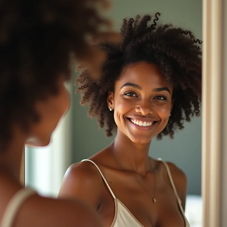 Mulher negra sorrindo com cabelo cacheado curto