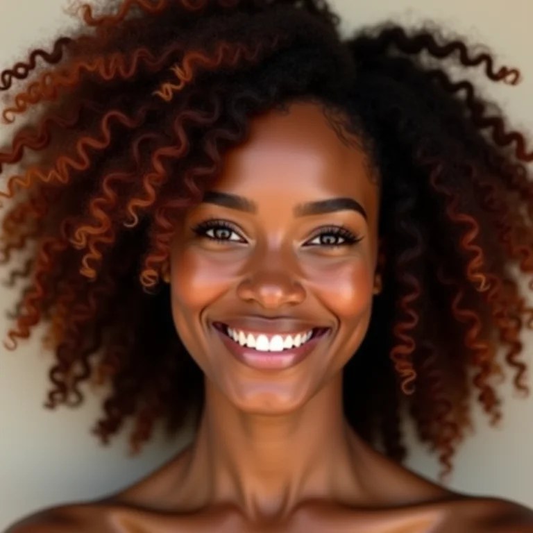 Mulher negra sorrindo com cabelo cacheado ruivo, destacando a harmonia com o tom de pele quente