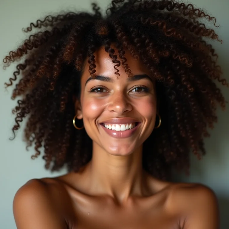 Mulher negra sorrindo com cabelo cacheado tipo 3C definido