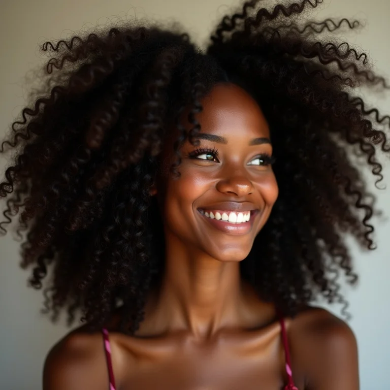 Mulher negra sorrindo com cabelo cacheado volumoso
