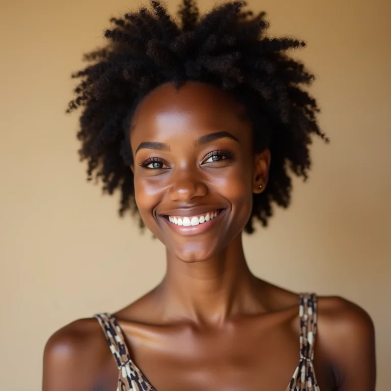 Mulher negra sorrindo com cabelo crespo bem definido.