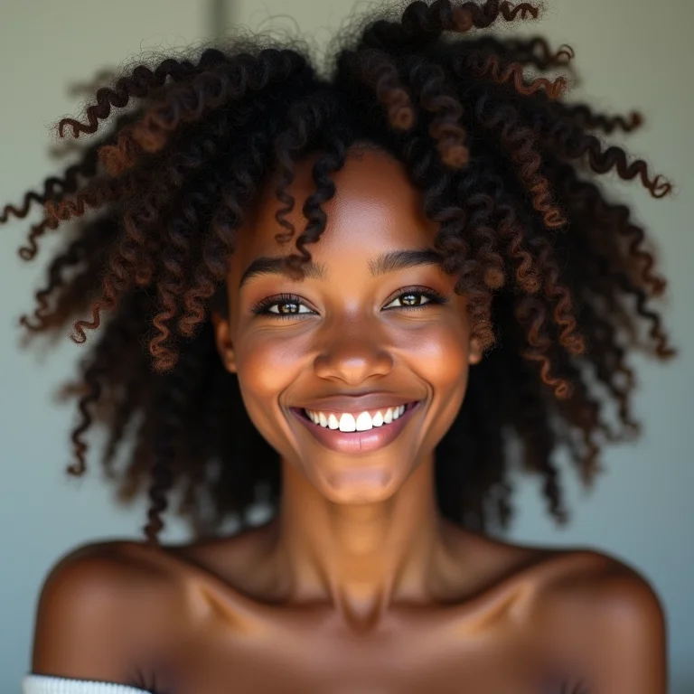 Mulher negra sorrindo com cabelo crespo tipo 4C.