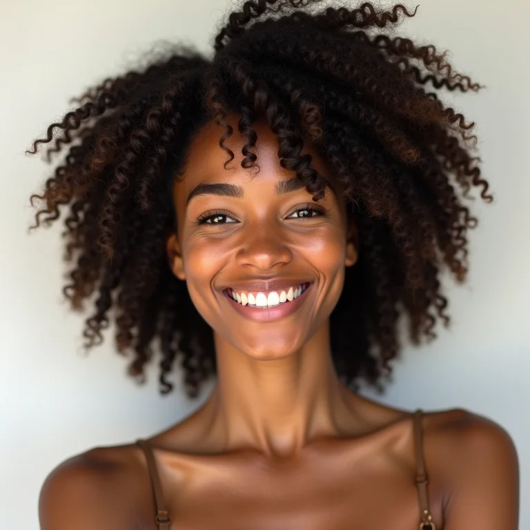 Mulher negra sorrindo com cabelo crespo tipo 4C.