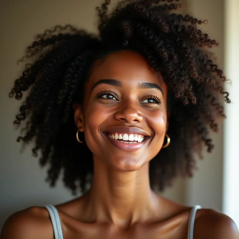 Mulher negra sorrindo com cabelo crespo tipo 4C