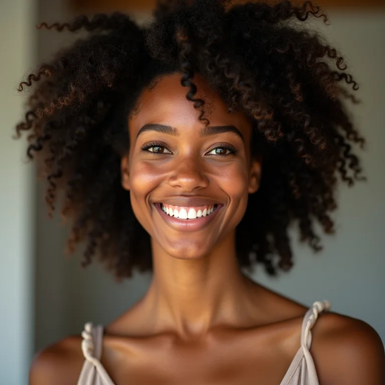 Mulher negra sorrindo com cabelo crespo tipo 4C.