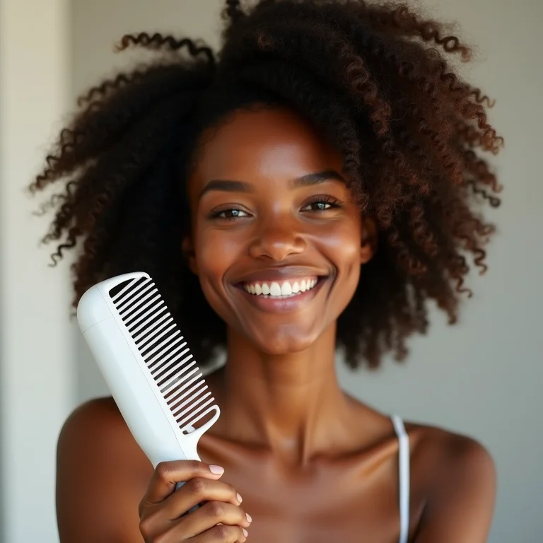 Mulher negra sorrindo com pente fino elétrico no cabelo afro