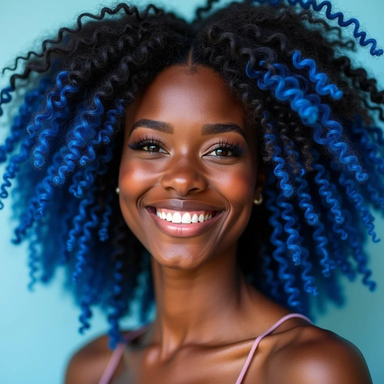 Mulher negra sorrindo com pontas do cabelo azul.