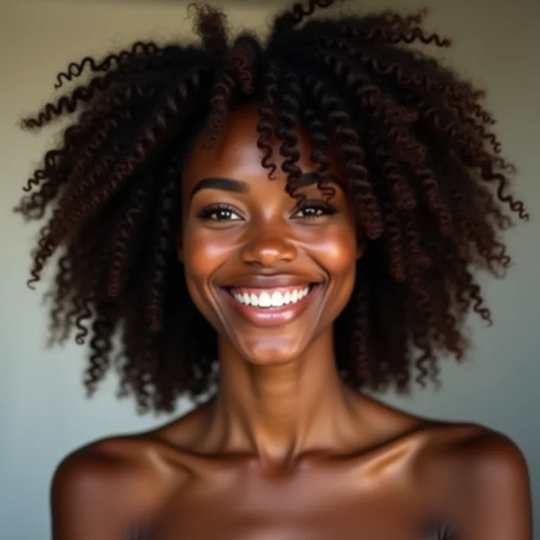 Mulher negra sorrindo, exibindo seus cachos com contorno capilar.