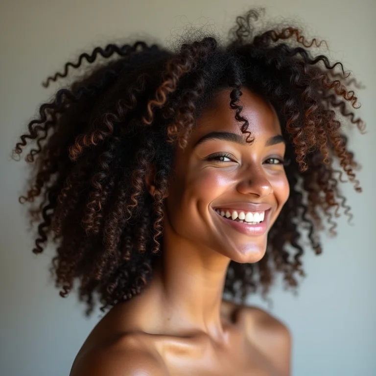 Mulher negra sorrindo, exibindo seus cachos volumosos.