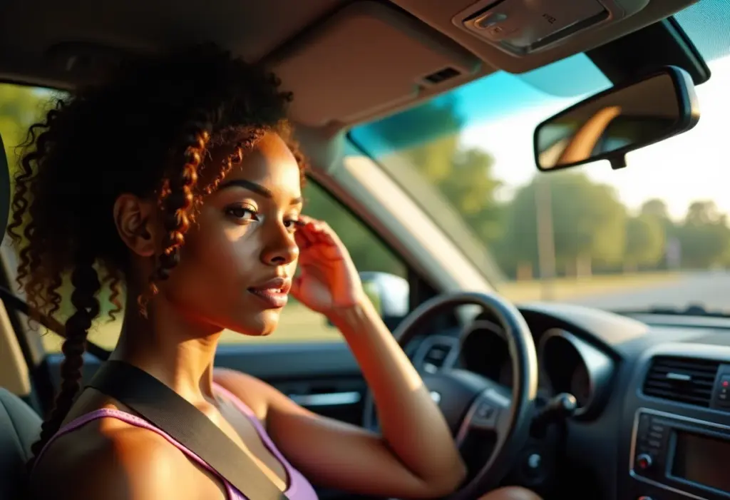 Mulher negra sorrindo no carro com tranças nagô