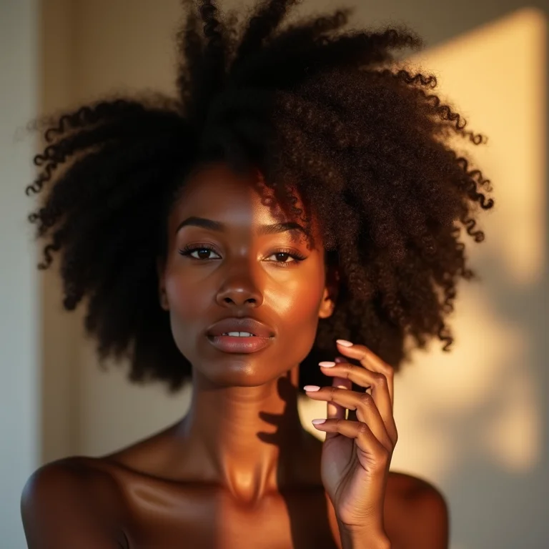 Mulher negra usando protetor térmico em cabelo crespo tipo 4C