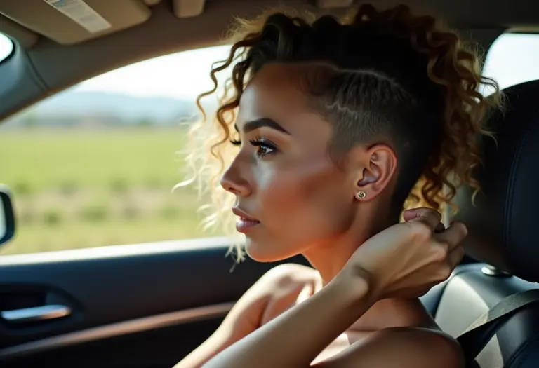 Mulher no carro conferindo corte com navalha no espelho retrovisor