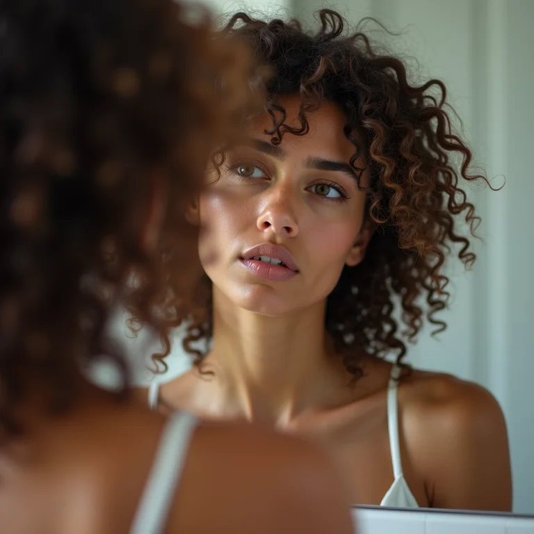 Mulher olhando para o cabelo danificado no espelho
