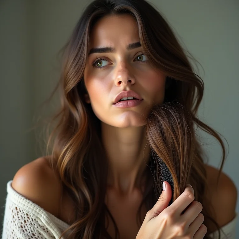Mulher preocupada com cabelo danificado e pontas duplas