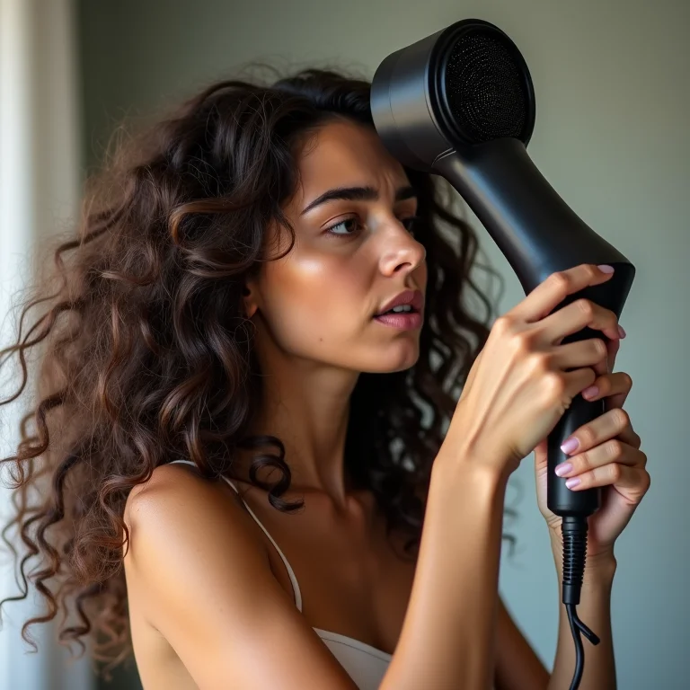 Mulher preocupada com o cabelo danificado pelo calor do difusor