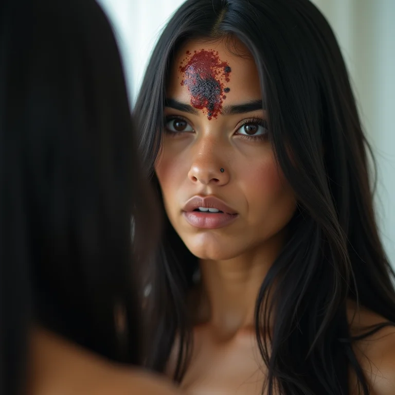 Mulher preocupada com tinta de cabelo na testa