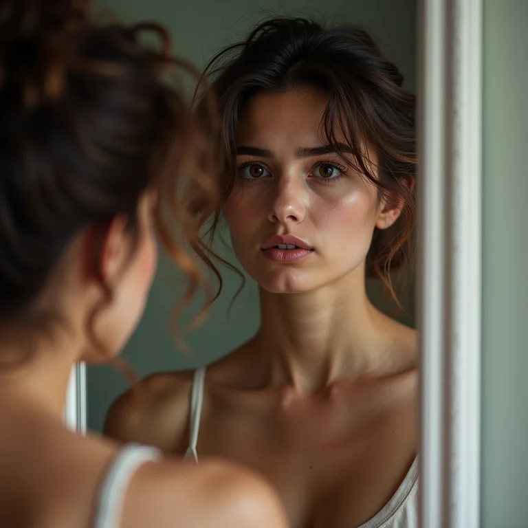 Mulher preocupada olhando para o cabelo sem brilho no espelho.