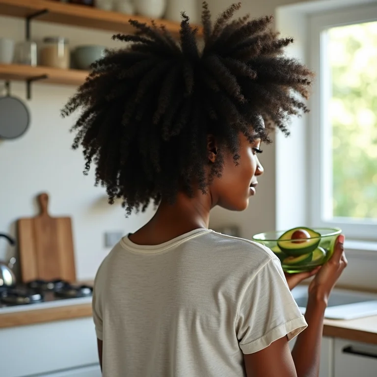 Mulher preparando máscara de abacate para cabelo cacheado