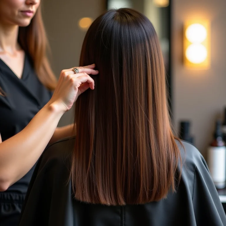 Mulher recebendo tratamento de reconstrução capilar no salão