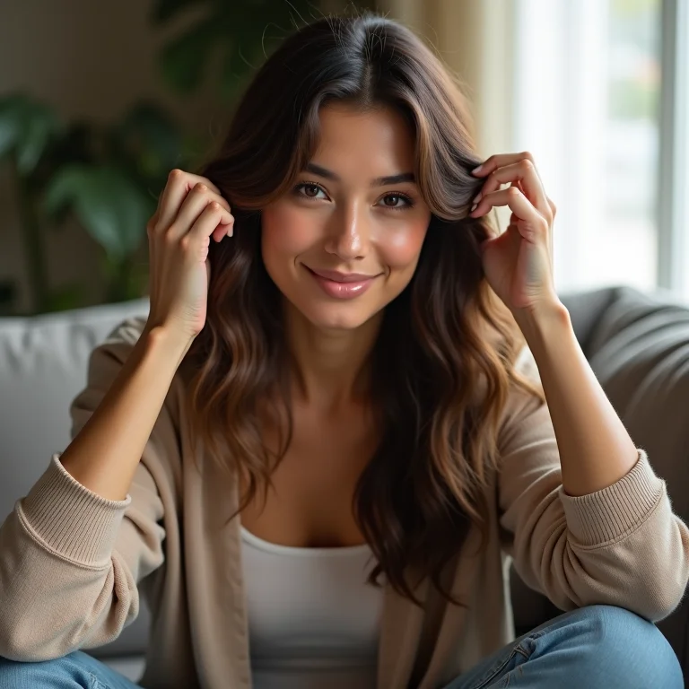 Mulher relaxada cuidando do cabelo