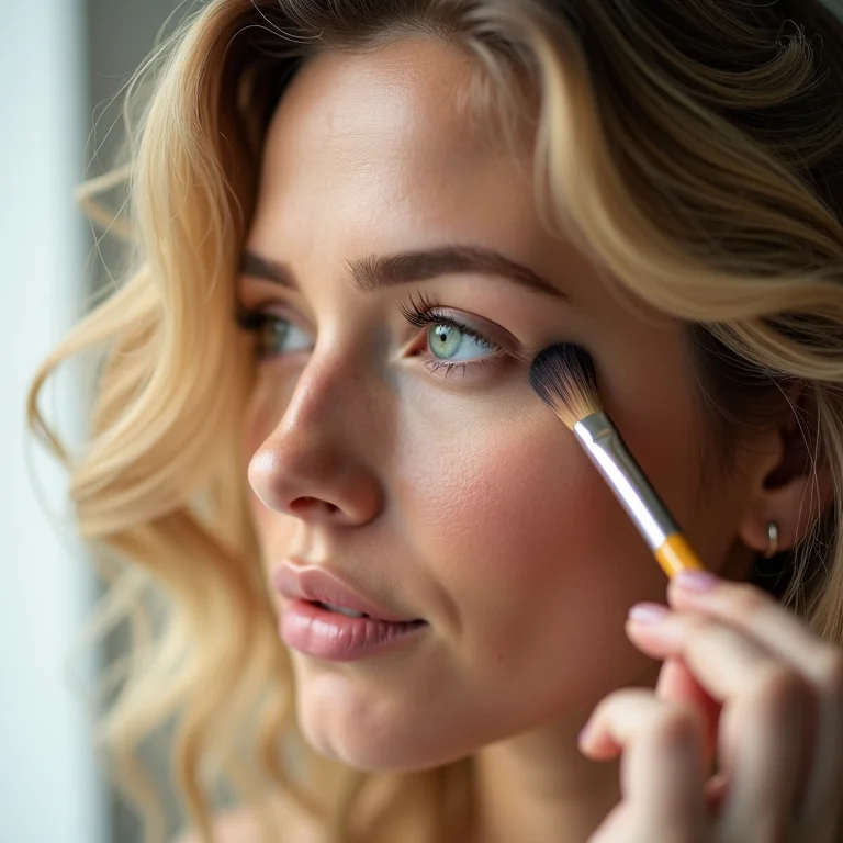 Mulher retocando a linha do cabelo com um pincel pequeno.