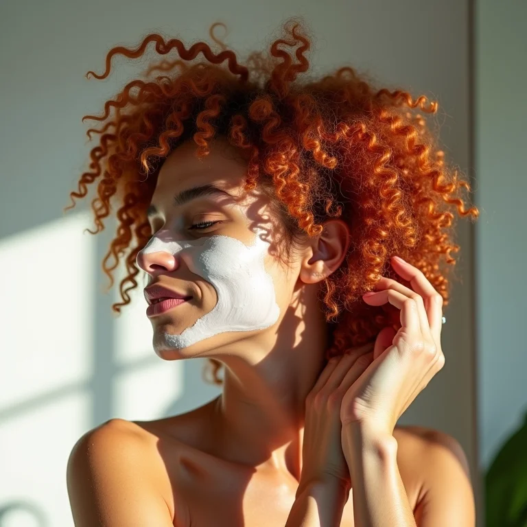 Mulher ruiva cacheada aplicando máscara de hidratação no cabelo