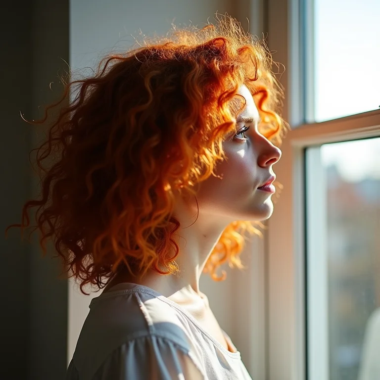 Mulher ruiva cacheada olhando pela janela