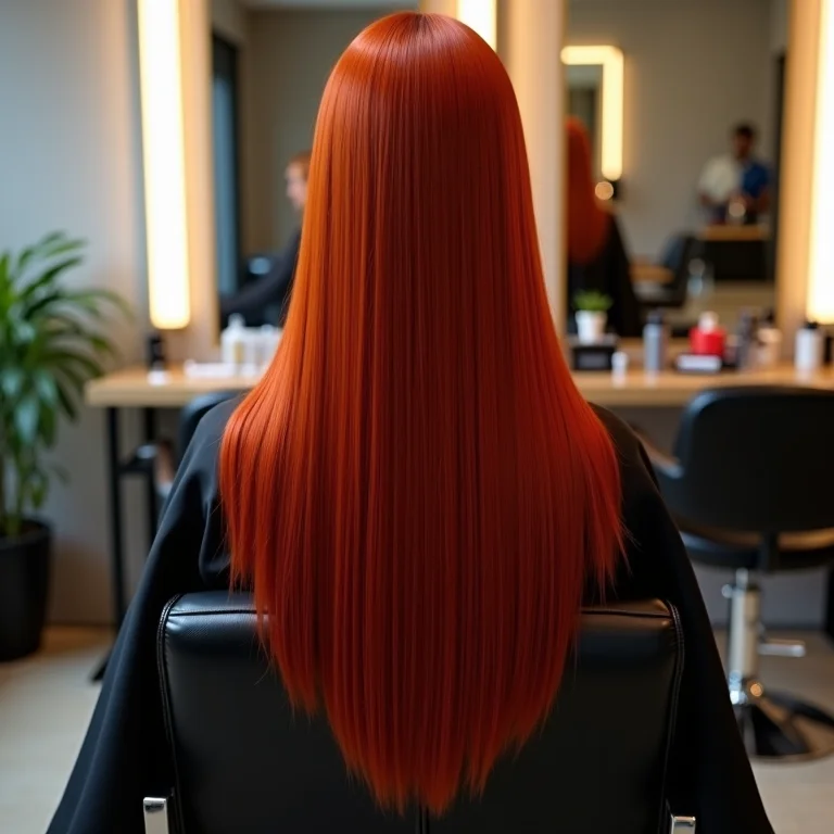 Mulher ruiva de costas exibindo corte de cabelo perfeito no salão
