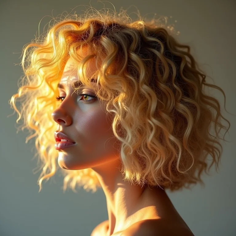 Mulher ruiva dourada cacheada com corte moderno