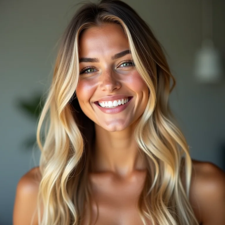 Mulher ruiva dourada com corte moderno e cabelo liso