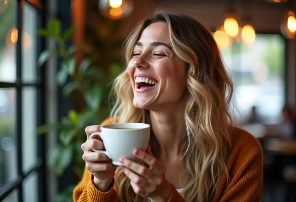 Ruivo dourado: O tom iluminado que valoriza todos os tipos de pele Mulher ruiva dourada rindo em cafeteria charmosa