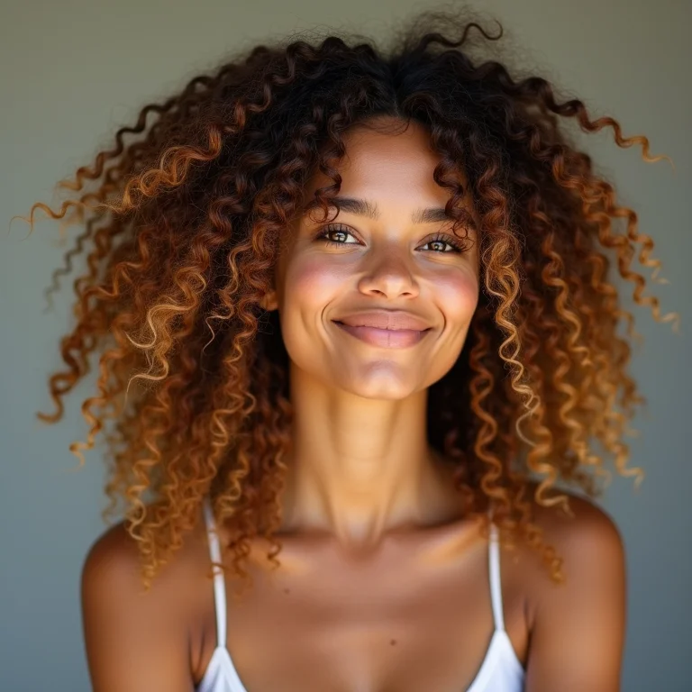 Mulher sorrindo com cabelo cacheado ruivo doce de leite