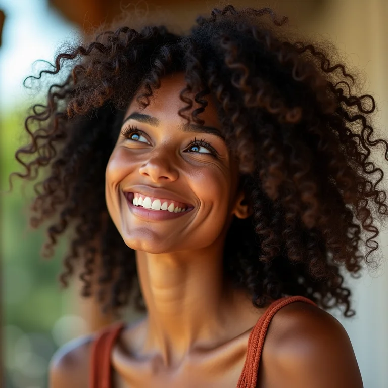 Mulher sorrindo com cabelo cacheado volumoso