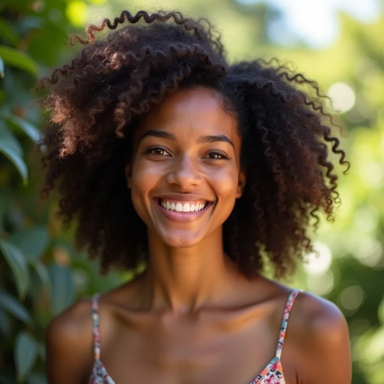 Mulher sorrindo com cabelo cacheado