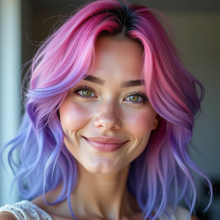 Mulher sorrindo com cabelo colorido fantasia