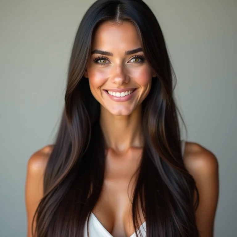 Mulher sorrindo com cabelo liso e brilhante