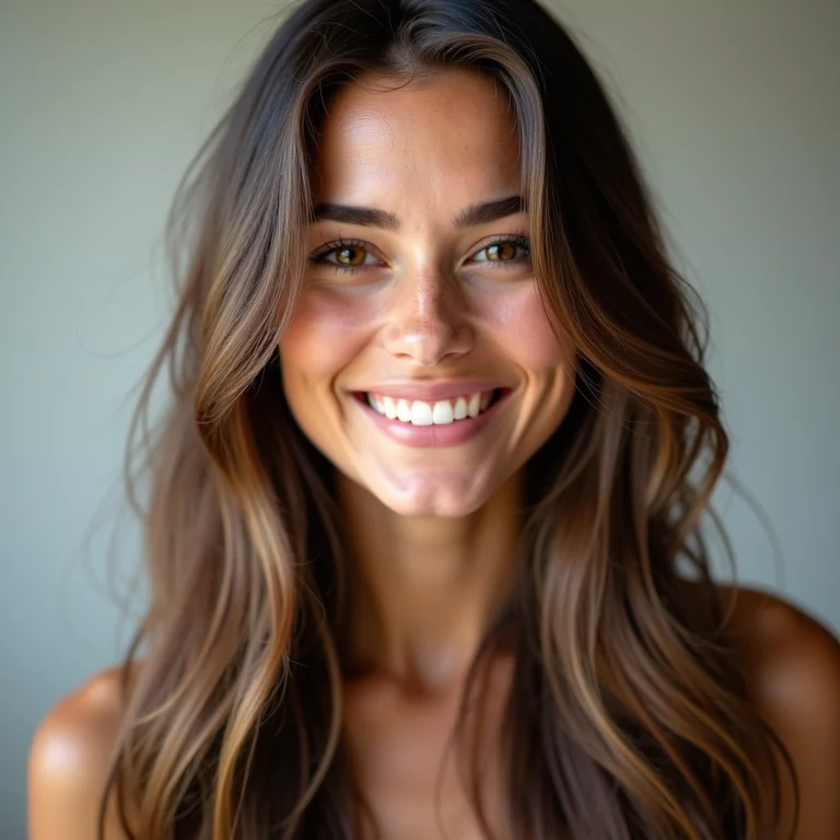 Mulher sorrindo com cabelo liso, forte e resistente