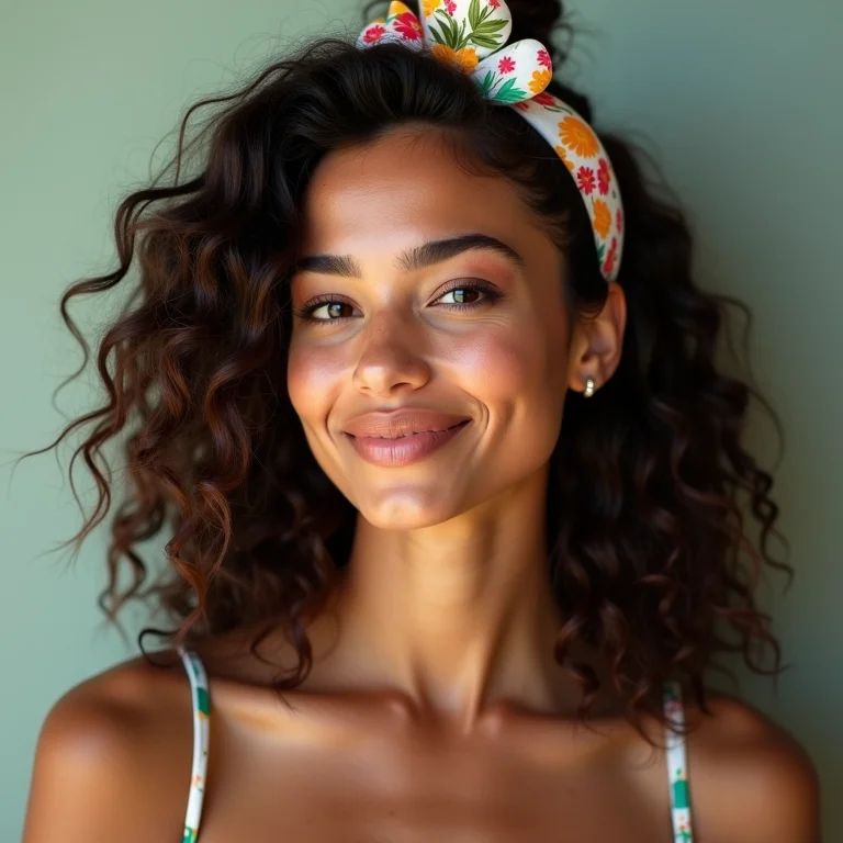Mulher sorrindo com cabelo ondulado e scrunchie floral