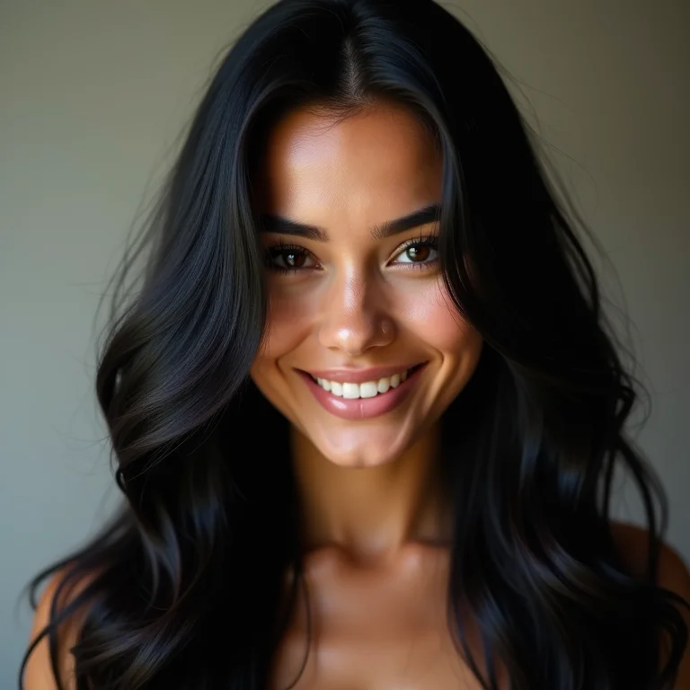Mulher sorrindo com cabelo preto longo e brilhante